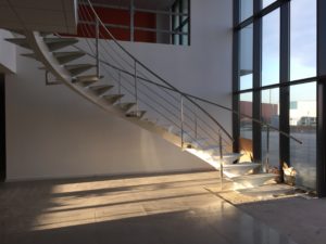 Escalier à limon central débillardé pour un bâtiment tertiaine